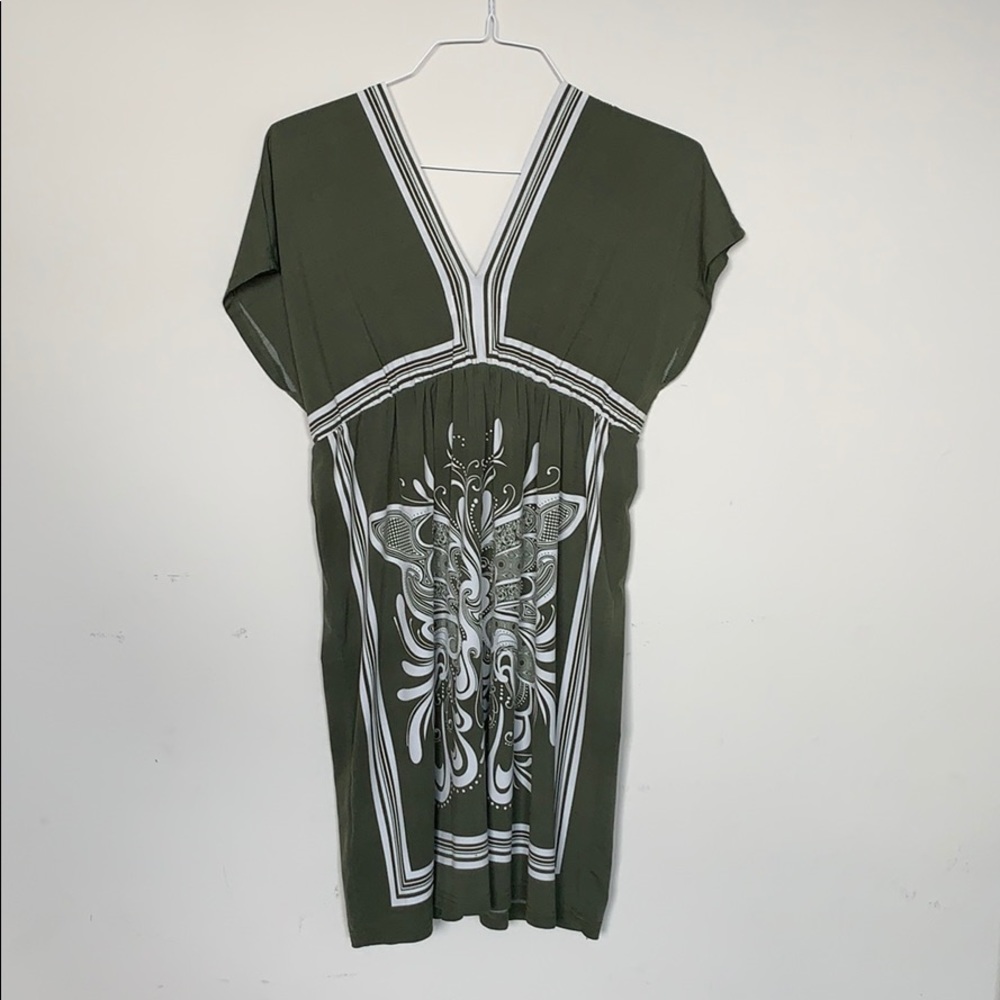 Green and white v neck dress